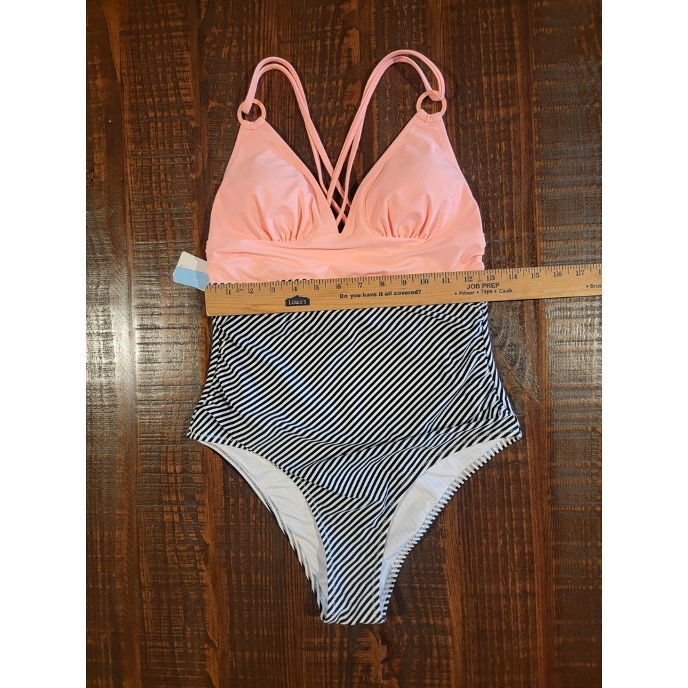 NWT Cupshe Womens One Piece Swimsuit Size Large Black,White & Bright Coral - Picture 2 of 7